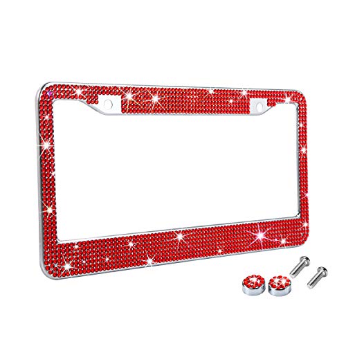 TZARROT Red Bling Rhinestone License Plate Frames for Women, Metal Rust-Proof License Plate Cover Bling Car Accessories for Women Girls - color: Red, size: 1pc