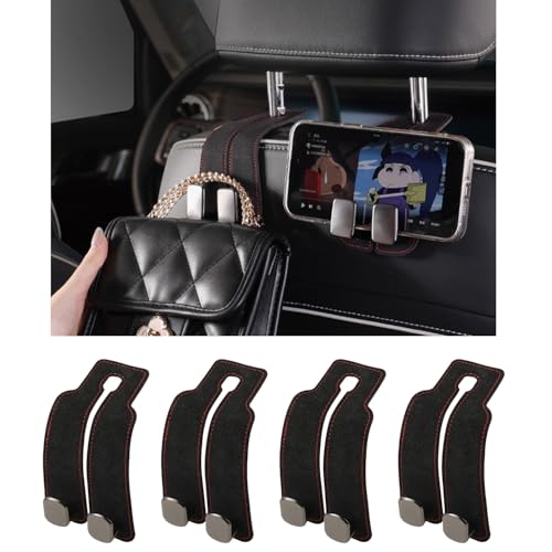 KINIVA Car Seat Headrest Storage Hooks, Set of 2, Suede PU Leather, Double Hooks (Black-4 Pack) - color: Black-4 pack