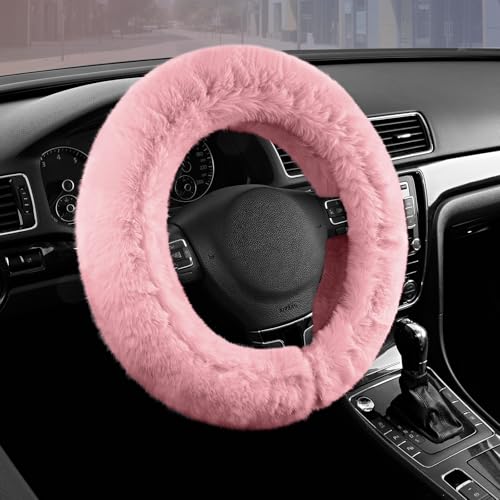 Road Comforts Steering Wheel Cover, Fluffy Car Wheel Covers for Women/Girls/Ladies，Soft Wool Fur Steering Wheel Protector, Universal 14 1/2 inches to 15 inches - Pink - color: Pink