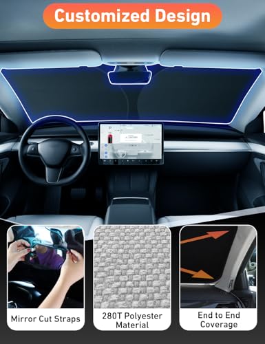 EcoNour Windshield Sun Shade Compatible for Tesla Model 3 & Model Y 2017–2026 | Custom Fit EV Front Window Sunshade | Foldable Heat & UV Reflective Sun Visor - size: Custom Fit