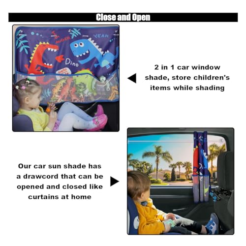 Car Window Shade for Baby, Blackout Car Window Curtain with Storage Pockets & 7 Suction Cups, Cartoon Pattern Cars Side Window Sun Shade Cover for Sun/Heat/UV Rays Protection (Blue-Dinosaurs) - color: Blue-Dinosaurs