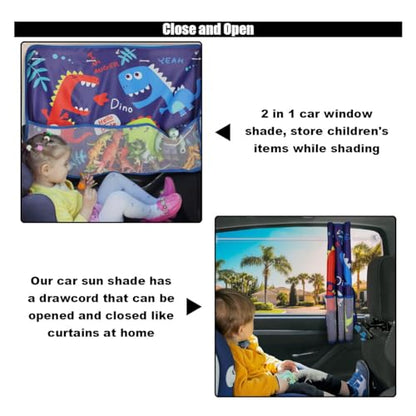 Car Window Shade for Baby, Blackout Car Window Curtain with Storage Pockets & 7 Suction Cups, Cartoon Pattern Cars Side Window Sun Shade Cover for Sun/Heat/UV Rays Protection (Blue-Dinosaurs) - color: Blue-Dinosaurs