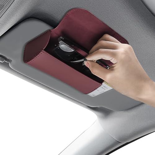 Sunglasses Holder for Car Sun Visor, Leather Auto Eyeglasses Storage Case with Hidden Magnetic Closure, Universal Protective Glasses Organizer Box, Visor Accessories for Woman Man (Wine red) - color: Wine Red