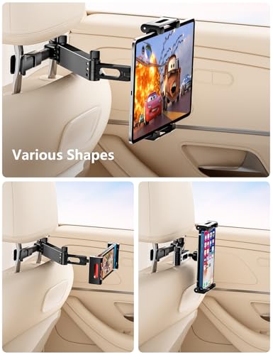 Car Headrest Tablet Holder, Lockable 3-in-1 Extension Arm Tablet Mount for Car Backseat, 360° Rotation, Fits iPad Pro Air Mini, Fire HD, 4.7-13" Tablets, Road Trip Essentials for Kids