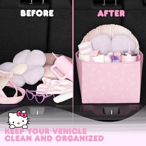 Sanrio Hello Kitty Car Trunk Organizer & Steering Wheel Cover Set – Cute, Non-Slip, Soft Grip Car Accessories for Women – Collapsible Storage Bin for Groceries, Tools & Travel – 12.5"L x 12.5"W x 9"H - style: Set Hello Kitty