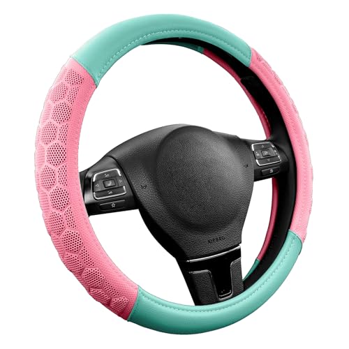 PIC AUTO Massage Steering Wheel Cover, Pink Football Pattern Material Spliced & Light Green Leather Car Steering Wheel Cover, Car Steering Cover, Universal Fit 14.5"-15.5" for Cars, Trucks, Van, SUVs - color: Light Green