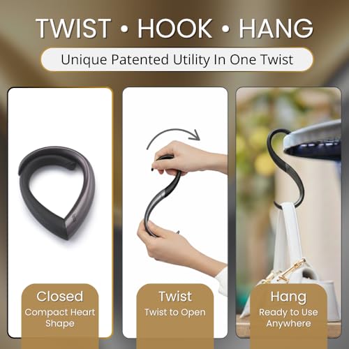 EMBRACE Purse Hook Hanger – Lightweight, Durable Teardrop S Hooks | Bag Clip Holds 22 lb Bags, Backpacks | Purse Charms for Women, Men | Caviar & Teak Colour - color: caviar/teak