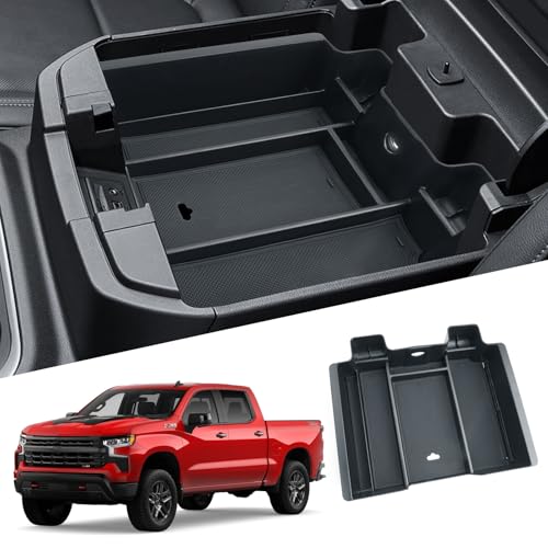 Silverado Sierra Center Console Organizer - Compatible with 2019-2022 Chevy Silverado/GMC Sierra 1500 and 2020-2023 Silverado/Sierra 2500HD 3500HD Armrest - (Full Console w/Bucket Seats ONLY) - Black - color: (19-22)Full Console w/Bucket Seats-Black