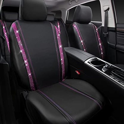CAR PASS Bling Diamond Car Seat Covers Full Set, Shining Rhinestone Waterproof Faux Leather, Rear with Zipper, Universal Fit Automotive Glitter Crystal Sparkle Strips for Women Girl, Black Pink - color: Pink Diamond, size: Full Set