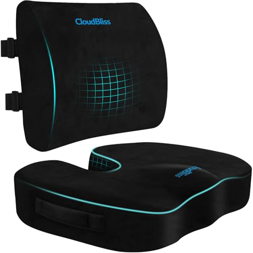 CloudBliss Lumbar Support Pillow & Seat Cushion Set for Office Chair, Desk Chair, Wheelchair & Car – Memory Foam Back Support, Ergonomic Chair Cushions, Sciatica Pain Relief, Home Essentials, Black - color: Black, size: Large