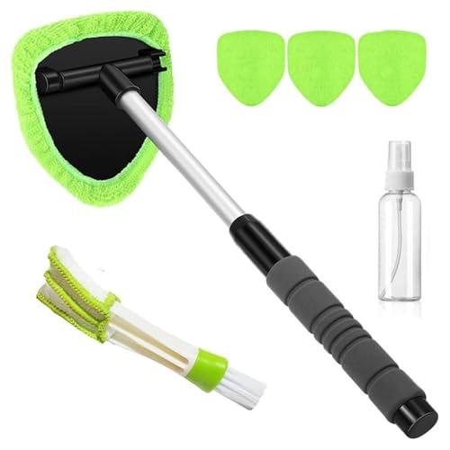 SakerPlus Telescopic Microfiber Glass Car Defroster Brush, 180° Rotating Head and Retractable Handle Multi-Surface Cleaner for Windows, Mirrors, Tiles (Green) - color: Green