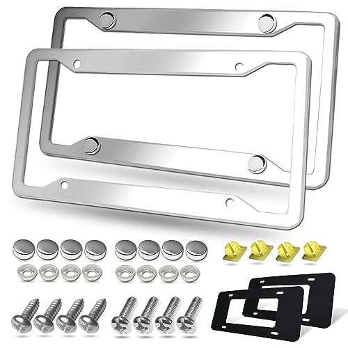 BGGTMO Stainless Steel License Plate Frames- 2 Pack Heavy Duty Polished Mirror Car Tag Cover with Chrome Screws Caps, 4 Holes Front & Rear Holders with Fasteners, Inserts, Rust/Rattle Proof Pads - color: Stainless Steel-4 Hole
