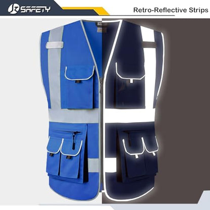 JKSafety 10 Pockets High Visibility Zipper Front Blue Safety Vest with High Reflective Strips Meets ANSI/ISEA Standards (Medium, 88-Blue) - color: Blue, size: Medium