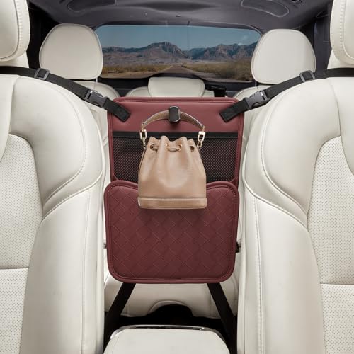 Purse Holder for Car,Car Purse Holder Between Seats,PU Leather Seat Back Organizer,Large Capacity Bag,Car Net Pocket Handbag Holder,Pet Barrier(Red) - color: Red
