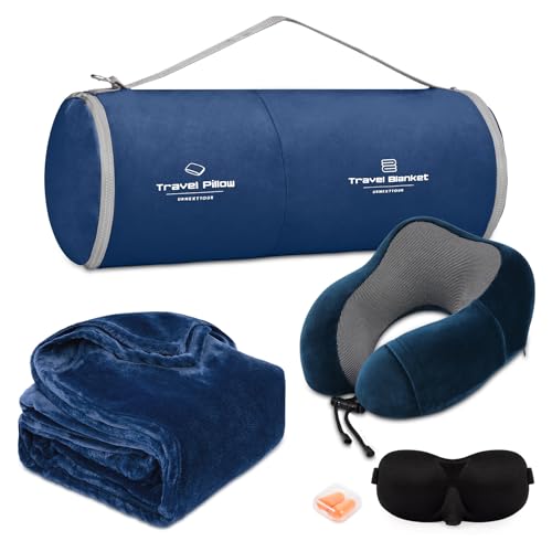 urnexttour Travel Pillow and Blanket Set Neck Pillows Travel Essentials with Sleep Mask for Airplane Car Memory Foam Blue - color: A-blue