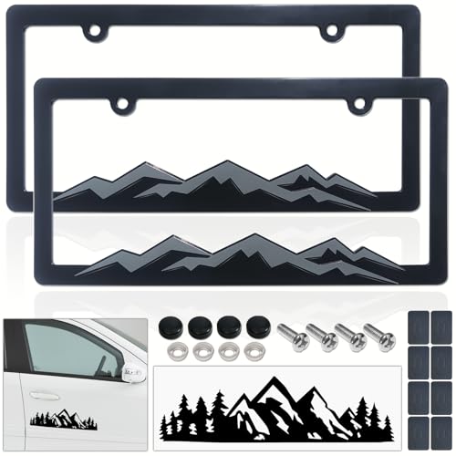 BGGTMO Mountain License Plate Frames- Gray on Black Mountain Raised, Plastic Car Tag Holder Bracket with Screws Caps, 2 Packs 2 Hole with Mountain Vinyl Sticker - color: Gray