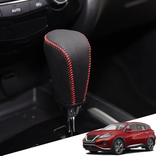 Great-luck Genuine Leather Automatic at Gear Shift Knob Cover Protector Trim,the car Interior Accessories(Red Stitches) for Nissan Murano(2015 2016 2017 2018 2019 2020 2021 2023 2024) - color: Red Stitches, size: Murano(2015-2024)