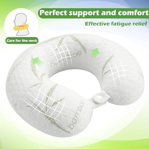 Bamboo Memory Foam Travel Pillow Set for Airplanes Head Support Neck Pillow for Sleeping Travel Headrest for Cars Planes Machine Washable Cover