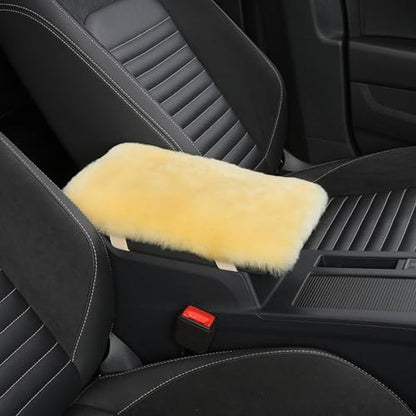 Genuine Sheepskin Center Console Cover Pad Genuine Furry Fluffy Wool Fur Car Armrest Cover Protector Universal Fit for SUV/Truck/Car - color: Shearling-Beige