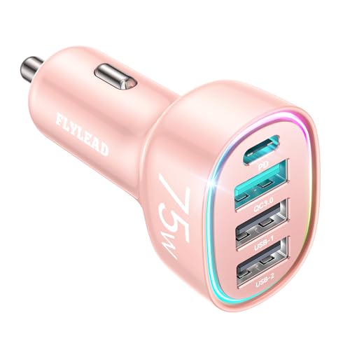 75W Car Charger USB C, 4 Port Super Fast Cigarette Lighter USB Charger, Type C 60W & QC 3.0 Multiport Car Phone Adapter Accessories for iPhone 17/16/15/14/13/12 Pro Samsung S26 Series, Pink - color: Pink
