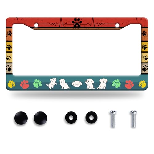 Dog License Plate Frame Cute Dog Paws License Plate Stainless Steel Animal Funny License Plate Holder Personalized Dog Car Accessory Decoration 12.3" x 6.3"for Men Women - color: Cute Dog With Paws Printed