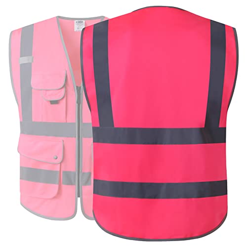 JKSafety 9 Pockets Class 2 High Visibility Zipper Front Safety Vest With Reflective Strips, Meets ANSI/ISEA Standards (Medium, 150-Pink) - color: Pink, size: Medium