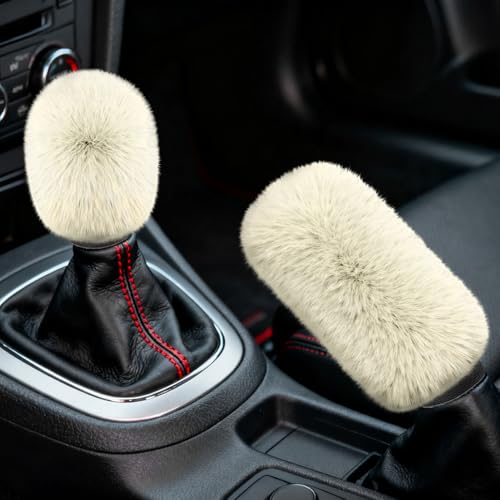 2PCS Plush Car Gear Shift Knob Cover & Handbrake Cover, Shift Knob Protector, Soft Fluffy Gear Handbrake Protective Sleeves, Shifter Lever Brake Handle Warm Plush Set for Cars (Beige) - color: Beige