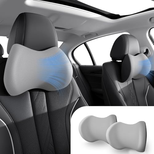 2Pack Car Neck Pillow - No Pressure & Odorless Memory Foam Car Headrest Pillow for Pain Relief, Ergonomic Support with Adjustable Strap & Breathable Removable Cover, Universal Fit(Gray) - color: Gray