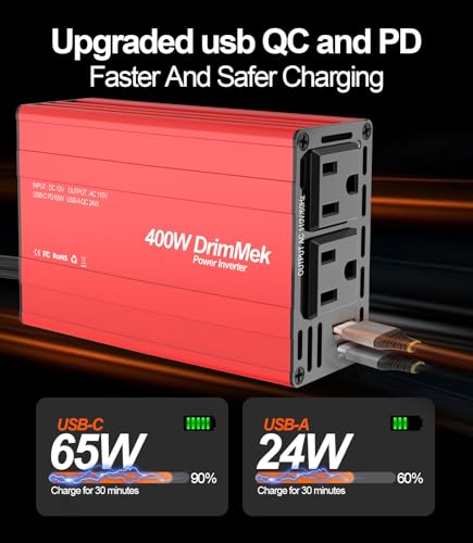 400W Car Power Inverter - Dual DC 12V to 110V AC Car Plug Adapter Outlets, Fast Charging USB C 65W & 24W Port, Power Inverters for Vehicles, Laptop Car Charger, Road Trips - color: RED