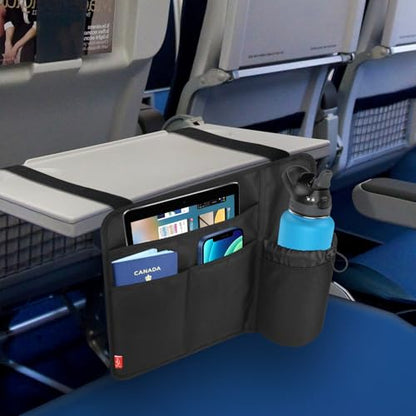 Airplane Seat Back Organizer & Storage, Airplane Tray Table Cover for Personal Items, Airline Seat Hanging Pockets Media Pouch,Reusable Travel Essentials,Fits Tablets,Cell Phone,Water Bottle (Black) - color: Black