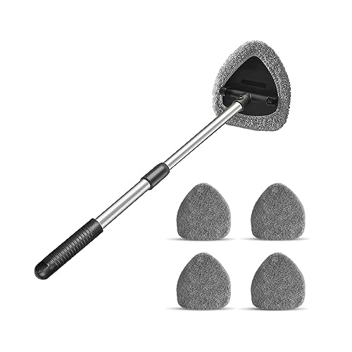Windshield Cleaning Tool, Car Window Cleaner with 4 Washable Reusable Microfiber Pads, Extendable Long Handle Glass Wiper Cleaning Kit, Auto Accessories Universal for Office and Home (Gray) - color: Gray