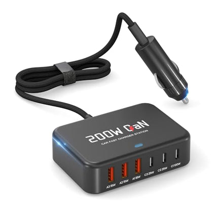 Dzytnsy 200W Car Fast Charging Station,6 Ports, Compatible with MacBook pro/Air/M5 M4 M3 M2 M1/Dell/Lenovo/HP,for iPhone 17/16/15 Series,Samsung Galaxy S26/S25 Ultra/S24 Series and More