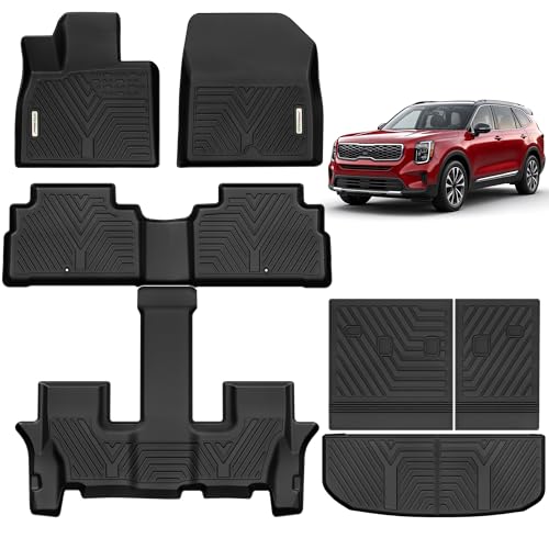 YITAMOTOR Floor Mats for Kia Telluride 2025-2020 7&8 Seats, All Weather Custom Fit TPE Rubber Mat, Kia Telluride Accessories Floor Liners Full Set, 1st & 2nd & 3rd Row & Backrest Mats & Cargo Liner - style: 2020-2025 Kia Telluride Floor Mats+Cargo Mat wit