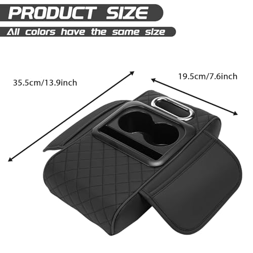 Car Armrest Cushion, 5 in 1 Center Console Cover with 2 Cup Holders, Phone Holder, Tissue Holder, Storage Bag, Multifunctional Leather Heightened Car Armrest Cushion for Most Cars（Black - color: Black