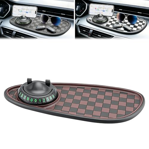 Mobile Phone Bracket Anti-Slip Mat,Multifunction Car Dashboard Mat with Temporary Parking Number,360° Rotating Adjustable Phone Holder,Universal Fit Anti-Slip Mat (Black & Brown) - color: Black & Brown