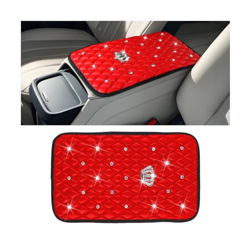 Mandark Bling Car Center Console Cover, Rhinestones Crown Vehicle Armrest Seat Box Mat Pad, Diamond Automotive Interior Arm Rest Cushion Protector Decor Accessories, Universal Fit(Red) - color: Red