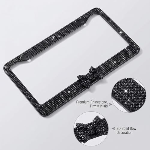 Fashion Premium Handmade Crystal License Plate Frames,Waterproof Bling License Plate Covers,US Universal Rhinestone License Plate Holder for Women(1 Frame,Black Frame Black Bowknot)