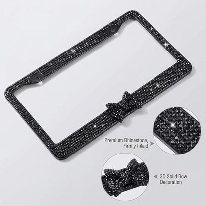 Fashion Premium Handmade Crystal License Plate Frames,Waterproof Bling License Plate Covers,US Universal Rhinestone License Plate Holder for Women(1 Frame,Black Frame Black Bowknot)