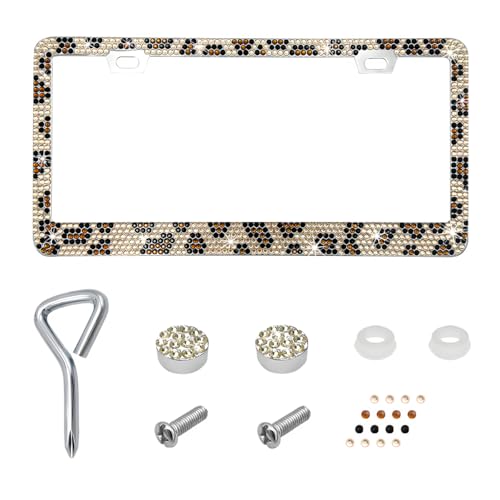 Bling License Plate Frame, Stainless Steel Glitter Crystal Diamond License Plate Cover Holder, Sparkly Bedazzled Rhinestone Car Tag Covers for Women, Car Accessories (Leopard Print) - color: Leopard Print, size: 1PCS