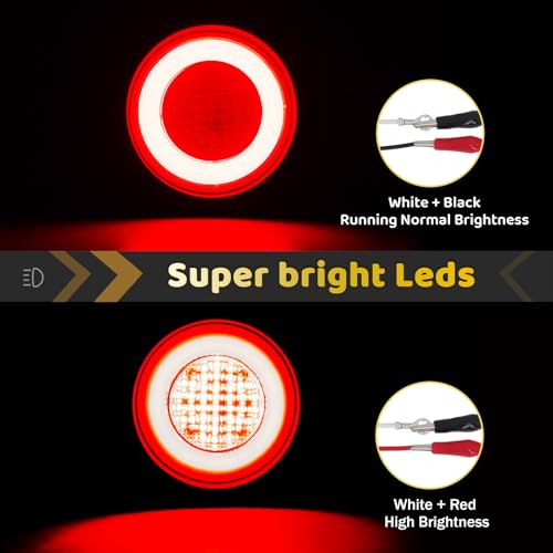 2pcs Smoked Lens 4 inch Round Red 64 LEDs Trailer Trucks Halo Brake Stop Running Turn Signal Tail Lights w/Rubber Grommet Sealed Waterproof IP67 For RV/Van, DC 12V