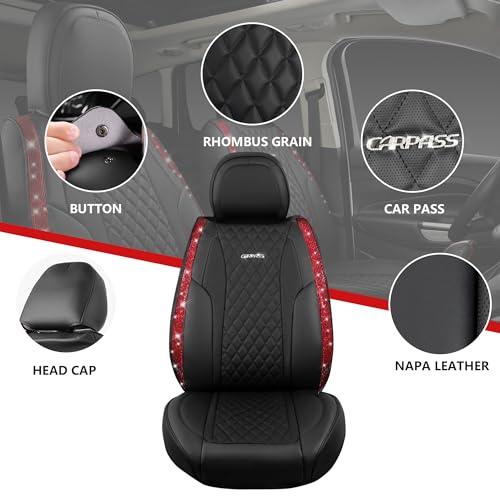 CAR PASS Nappa Leather Bling Diamond Black Red Seat Covers Full Set, Waterproof Calfskin Heavy-Duty Anti-Slip, Universal Fit for 95% Auto SUV Sedan Truck, Glitter Sparkle Shining (Red Rhinestone) - color: Black and Red Diamond, size: Full Set
