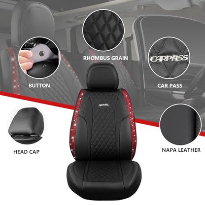 CAR PASS Nappa Leather Bling Diamond Black Red Seat Covers Full Set, Waterproof Calfskin Heavy-Duty Anti-Slip, Universal Fit for 95% Auto SUV Sedan Truck, Glitter Sparkle Shining (Red Rhinestone) - color: Black and Red Diamond, size: Full Set