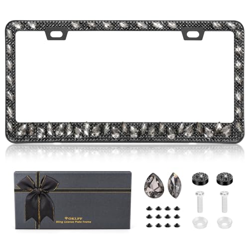 OKLPF Single Luxury Rhinestone License Plate Frame for Women – Elegant Bling with Glitter Crystals, Diamond Bedazzled License Plate Cover，Anti-Theft Screws & Gift Box, Fits Standard US Plates（Black） - color: Black, size: 1pc