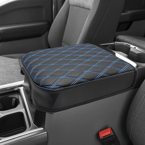 Center Console Armrest Cover for Ford F250 F350 F450 F550 Super Duty 2023 2024 2025 2026, Bucket Seat Console, Arm Rest Lid Box Cushion Pad, Anti-scratch, Black-Blue stitch - size: Bucket Seat, 23-26 F250-F550, Blue Stitch