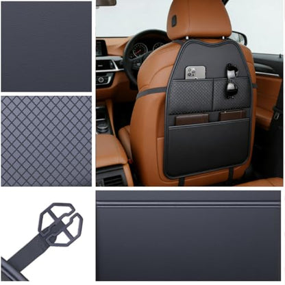 2 Pack Seat Back Protector - Leather Kick Mat with Storage Pockets, Front & Back Seat Cover for Kids -Large Capacity Car Seat Organizers and Storage for Child, Splashproof & Easy Clean