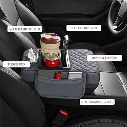 5 in 1 Car Center Console Cover, Armrest Pad with 2 Storage Pockets, Cup Holder, Tissue Box Slot, Phone Holder, Universal Car Interior Organizer (Gray) - color: Gray