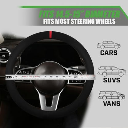 Suede Steering Wheel Cover with Upgraded Silicone Inner Ring, Breathable, Anti-Slip, Leather Universal 14.5 to 15 Inch Steering Wheel Cover (Black with Red Mark) - style: Black with Red Mark