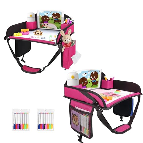 2Pcs ‎Kids Travel Tray, Kids Travel Trays for Car Seat, Road Trip Essentials for Toddler, Carseat Lap Tray with Dry Erase Board & Storage Organizer for Road Trip Activities for Kid, Pink - color: Pink-2PCS