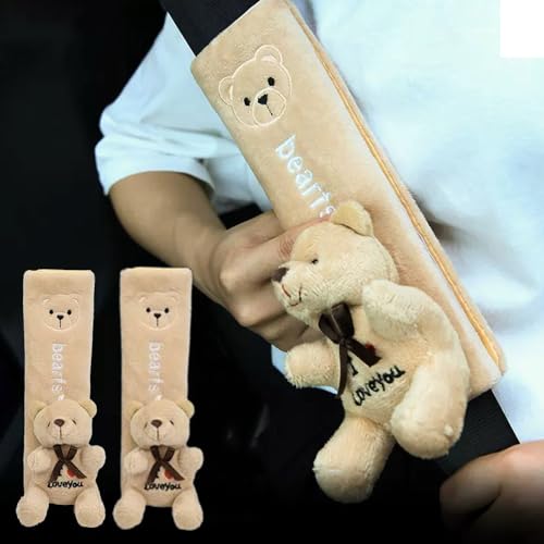 ZOSTLAND 2Pcs Car Seat Belt Pad Cover,Soft Auto Safety Strap Shoulder Pads,Plush Yellowish-Brown Cartoon Bear Doll Seatbelt Cover,Cute Harness Pad,Compatible with All Cars and Backpack(2Pcs Bear) - color: 2Pcs Bear