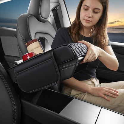 5 in 1 Car Center Console Cover, Armrest Pad with 2 Storage Pockets, Cup Holder, Tissue Box Slot, Phone Holder, Universal Car Interior Organizer (Black) - color: Black